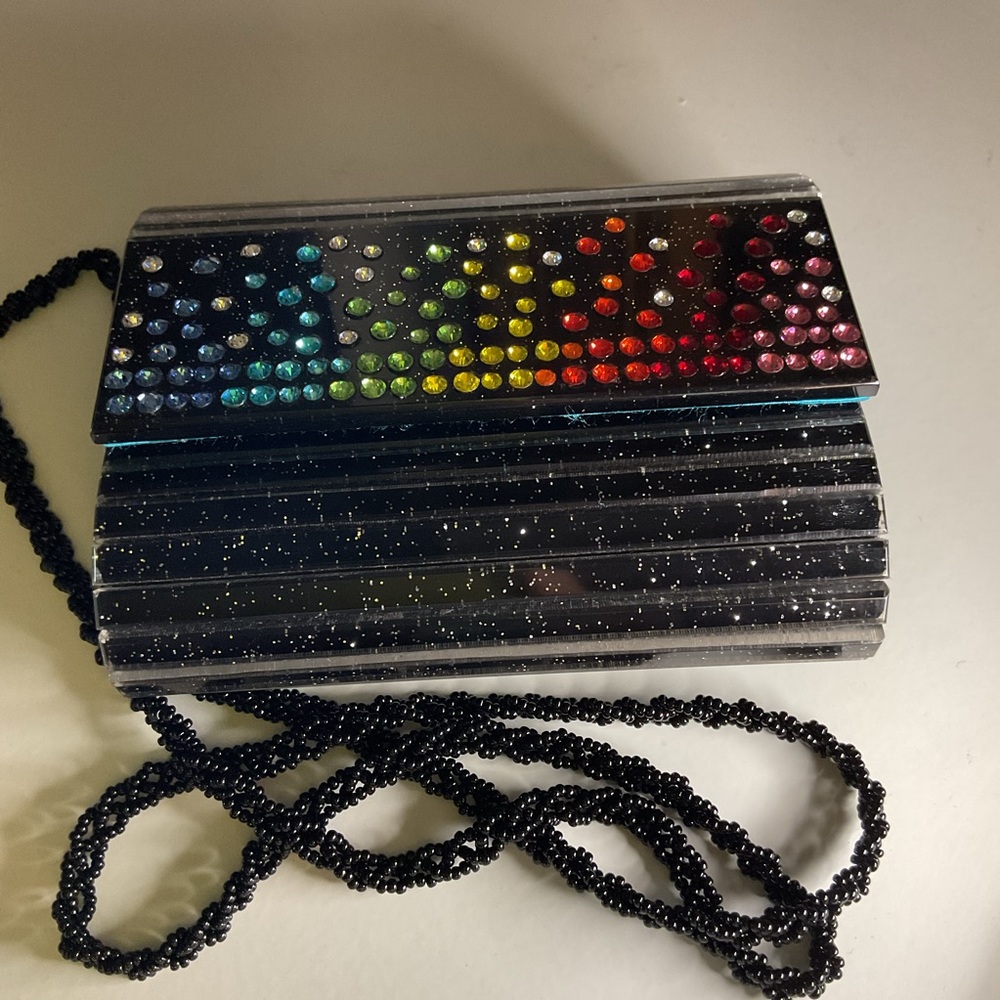 KURT GEIGER MINI PARTY CLUTCH REMOVABLE BEADED STRAP BLACK WITH CRYSTALS NWOT - Picture 3 of 11